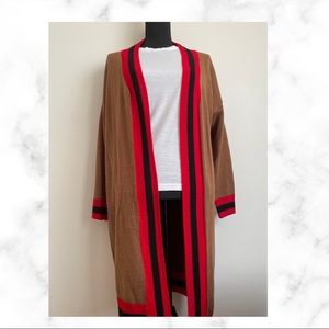 SHEIN Long Brown Cardigan with Red Stripes